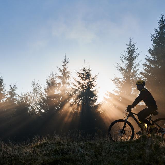 Jeune homme pratiquant le VTT en milieu naturel, avec le lever du soleil en fond